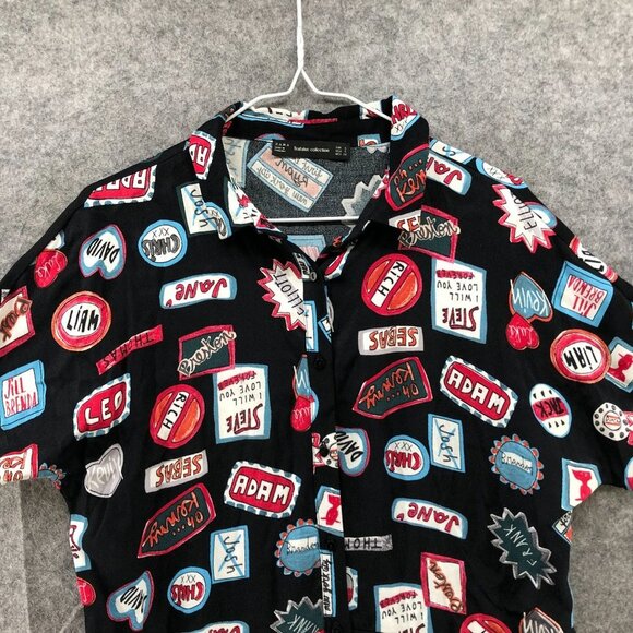 Zara Mini Shirt Dress Size S Black Multicolor Boy Names Graphic Rayon Artsy - Picture 3 of 11